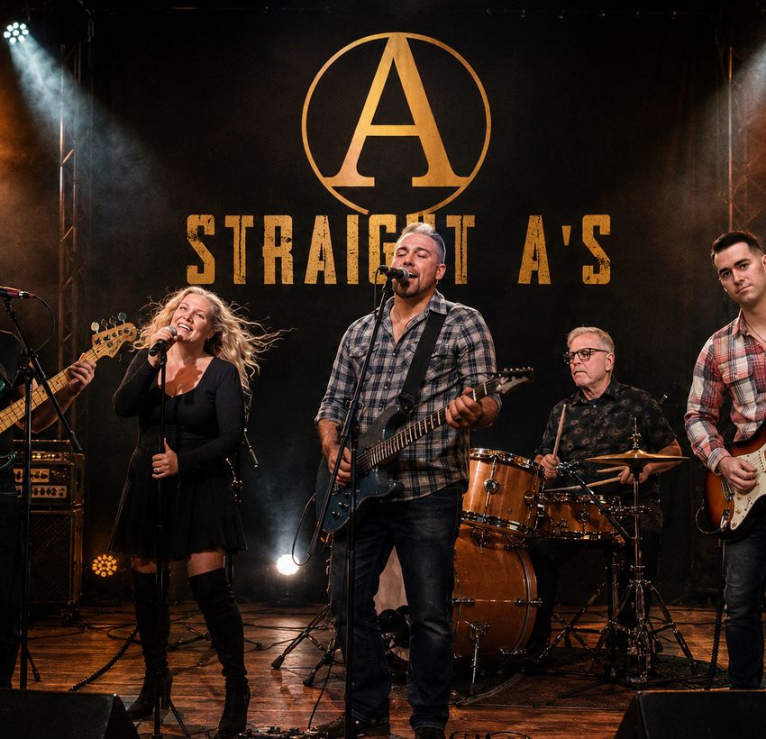 The Straight A’s Band on stage with the black and gold logo